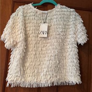 ZARA White Textured Fringe Top